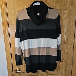 Elegant Striped Cowl Neck Sweater - Black, White, Tan